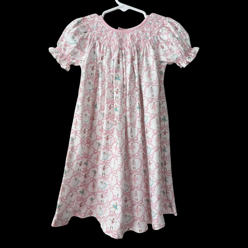 Baby Loren Girls Nutcracker Bow Pima Cotton Smocked Bishop Dress Ballerina 4T